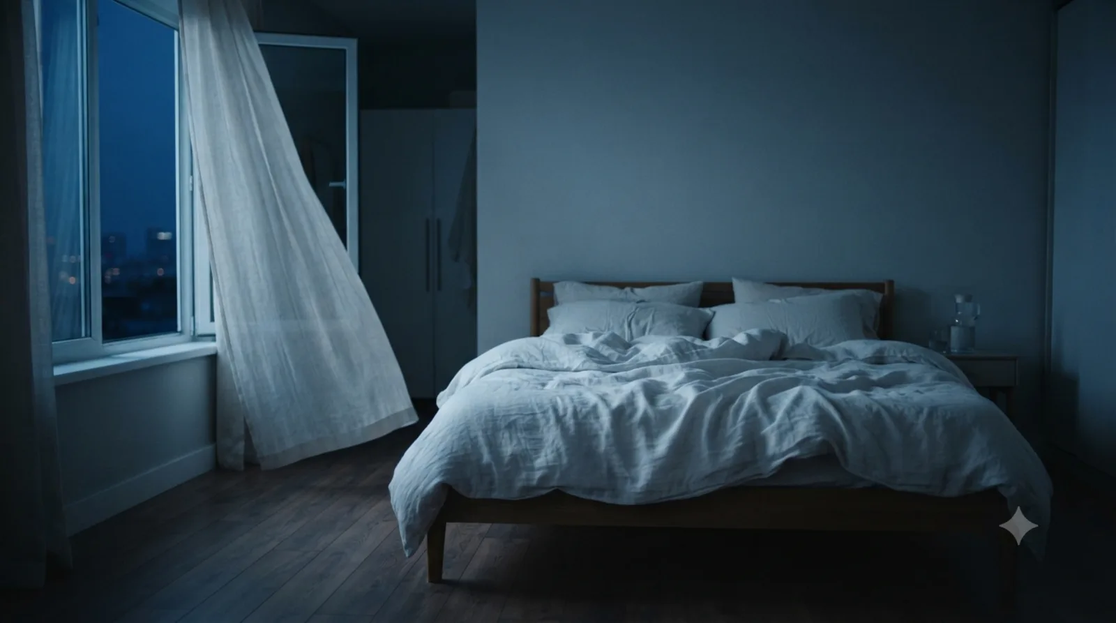 A twilight-blue bedroom at dusk: a wooden bed with rumpled white linen bedding, a sheer curtain lifting in the breeze from an open window, city lights faint beyond the glass, and a carafe of water on the nightstand.