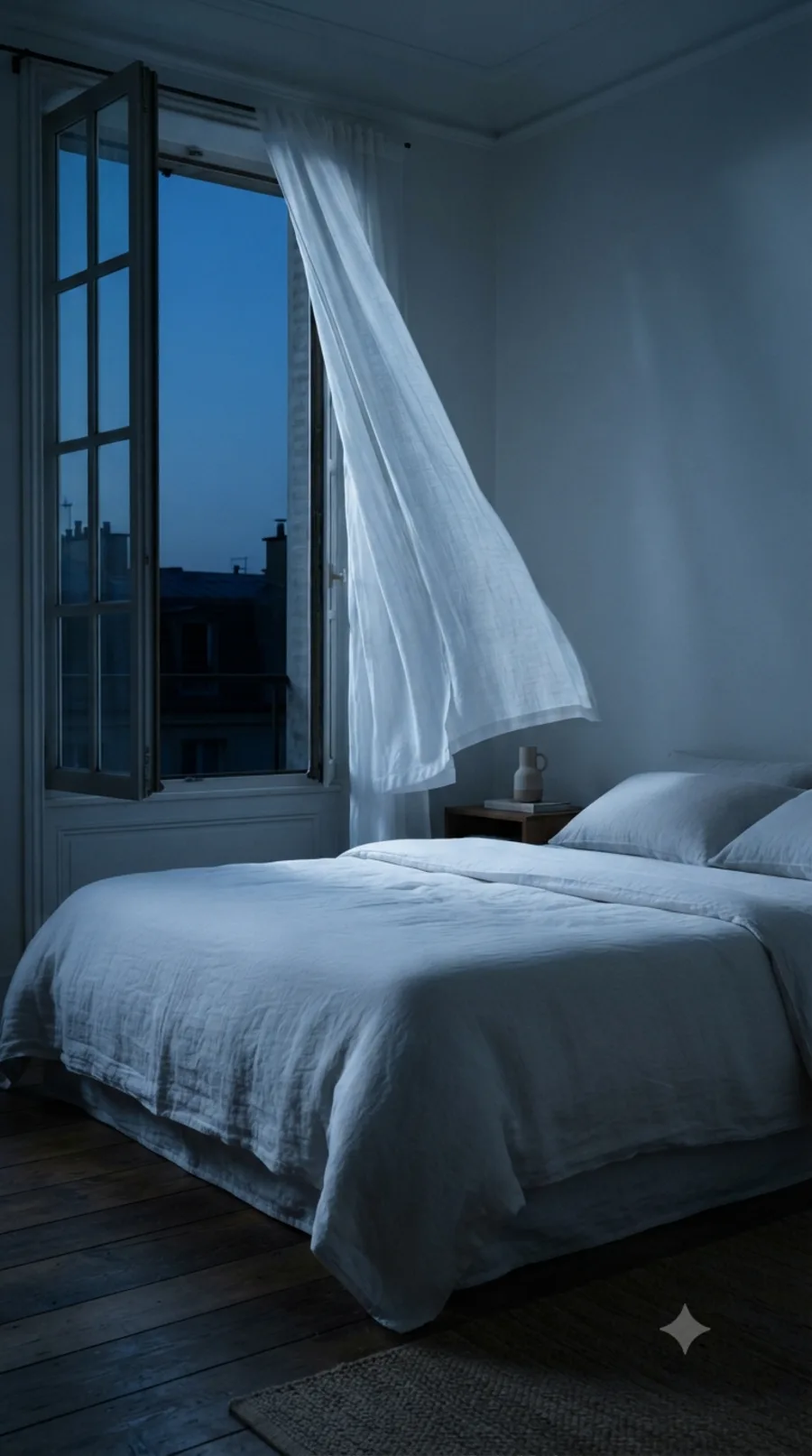 A tall bedroom window open at night, sheer white curtain billowing over a bed dressed in pale blue linen.